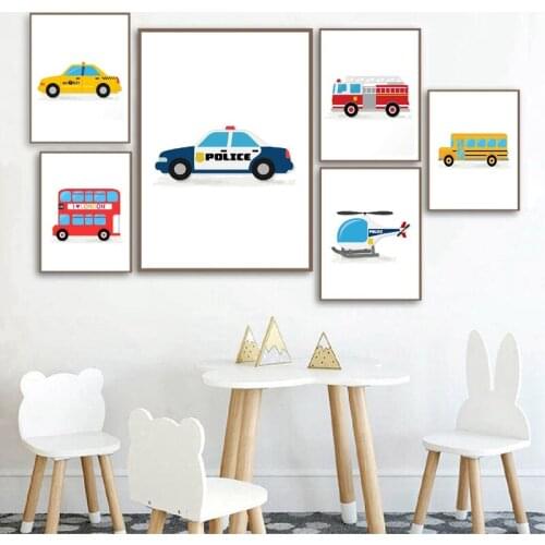 Transport Theme Vehicles Cartoon Posters and Prints Boys Gift Car Truck Helicopter Taxi Bus Canvas Painting Play Room Art Decor