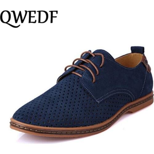 QWEDF Men Oxfords Shoes Man 2019 Summer Breathable Suede Leather Shoes British Man Cut Outs Dress Shoes Big Size 38-48 S1-64