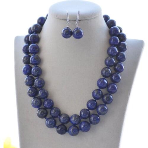 S2484 2Row 18" Blue Round lapis lazuli Bead Necklace & Earring