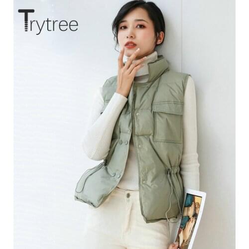 Trytree Womens Jacket 2020 Winter Casual Pockets Solid Padded Jacket Vest Adjustable Waist Double breasted Womens Coat Vest