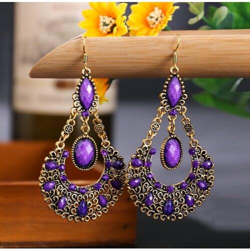 Bohemia Long Rhinestone Drop Earrings for Women Vintage Hollow Geometric Acrylic Earrings Ethnic Style Female Party Gift Jewelry