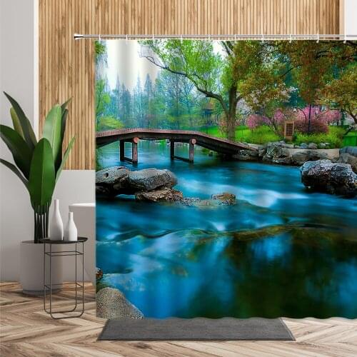 3D Dream Forest Landscape Shower Curtain Wooden Bridge Creek Water Background Bathroom Fabric Waterproof Bath Curtains With Hook