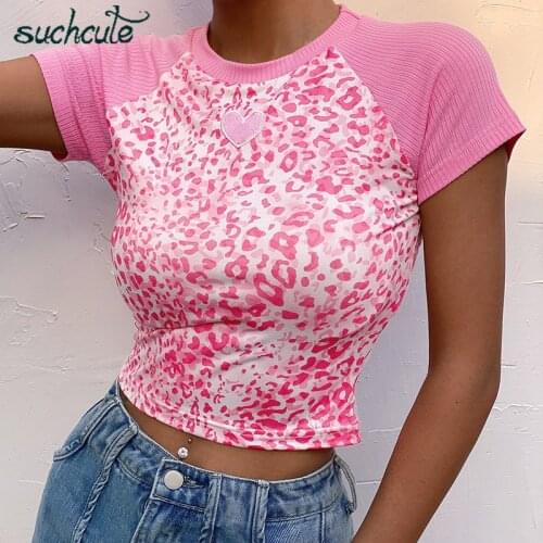 SUCHCUTE WomenS T-Shirts Harajuku Pink Leopard Tops Sweetheart Short Sleeve Gothic Top Summer 2020 Cute Round Neck T Shirt