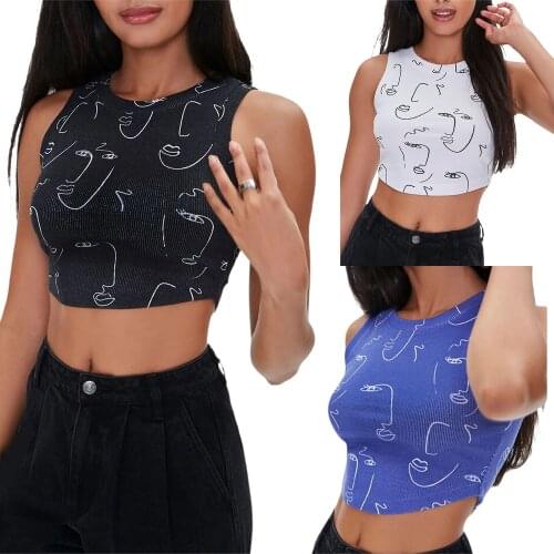 Women’s Causal Round Neck Vest Top Female Ladies Personality Portrait Printing Exposed Navel Sleeveless Tops