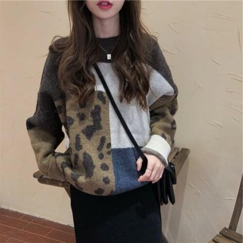 Womens Preppy Style Autumn Winter Outerwear Tops 2021 Leopard Printing Sweater Retro Oversize Loose New Female Knitted Pullover