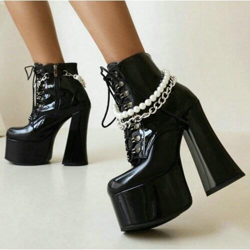 2021 Women Ankle Boots Platform Square High Heel Ladies Motorcycle Boots Patent PU Leather Cross Tied Zipper Womens Boots Black