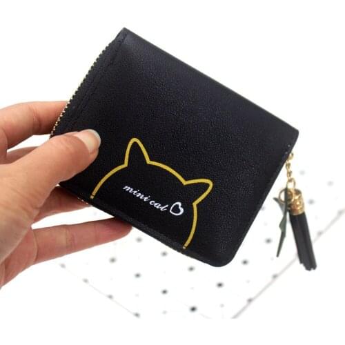 Womens wallets and purses cute cat wallet tassel zipper ladies clutch coin purse female card holder girls mini bags billetera