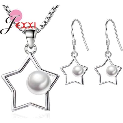 Pretty 925 Sterling Silver Jewelry Sets for Women Female Gifts Pentagram with White Pearl Original Design Ornaments