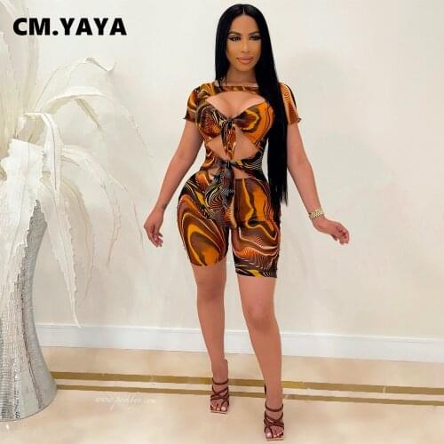 CM.YAYA Women Playsuit Print Short Sleeve Bandage Hollow Out Stretchy Skinny Bodycon Playsuits Sexy Fashion Rompers Summer 2021