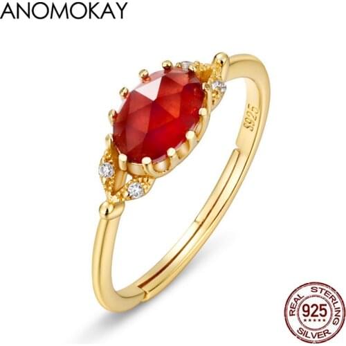 Anomokay Sparkling Oval Garnet Gold Color Adjustable Ring for Women Genuine 925 Sterling Silver Resizable White Zircon Ring Gift