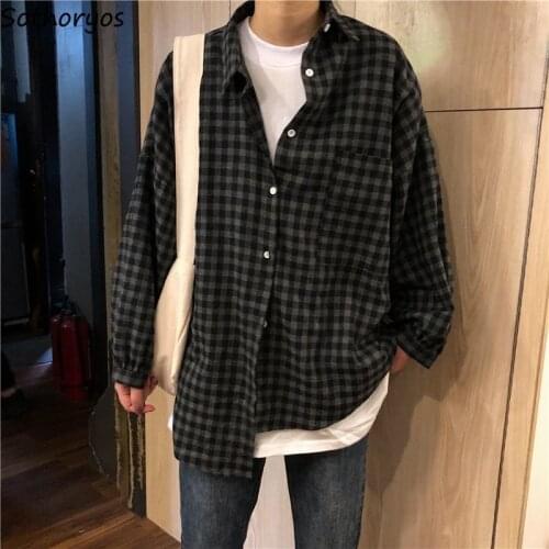 Blouses Women Full-Sleeve Shirts Plaid Printed Button Turn-down Collar Retro Basic Streetwear Casual Vintage Loose Chic Tops Ins