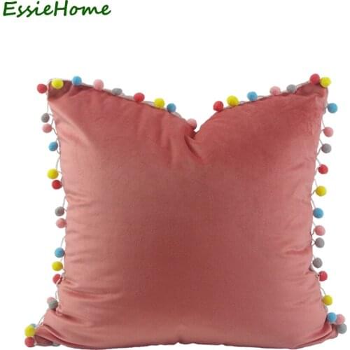 ESSIE HOME Cushion Cover Pillow Case Pink Rose Pink Cute Soft Velvet Pom Pom TrimTassel Lovely Childrens Room Decoration
