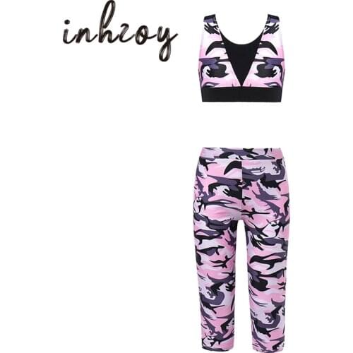 Kids Two-piece Tracksuit Camouflage Print Crop Top Leggings Pants Sports Sets Gymnastics Clothes Children Girls Ballet Dancewear
