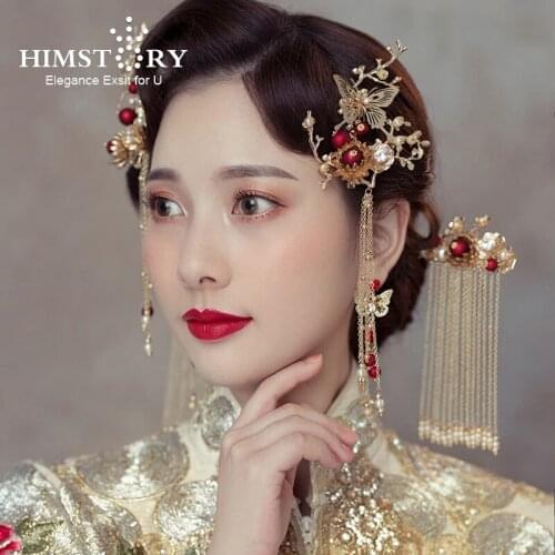 HIMSTORY Traditional Chinese Hairpin Gold Flower Butterfly Designs Hair Combs Hairstick Wedding Hair Accessories