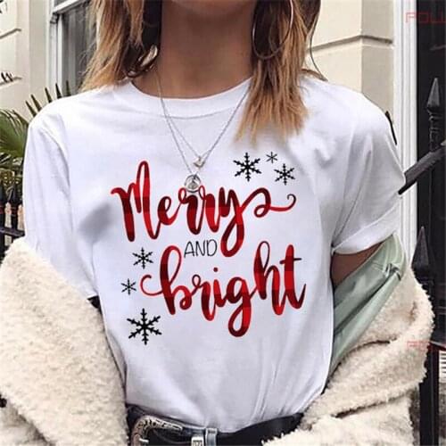 FIXSYS Red Plaid Merry Bright Letters Graphic T Shirt Women Fashion Merry Christmas Cute Tee Top New Kawaii Short Sleeve T-Shirt