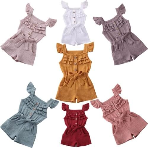 Toddler Baby Girls Summer Rompers Solid Ruffles Short Sleeve Bowknot Jumpsuit Outfits Clothes 1-5Y