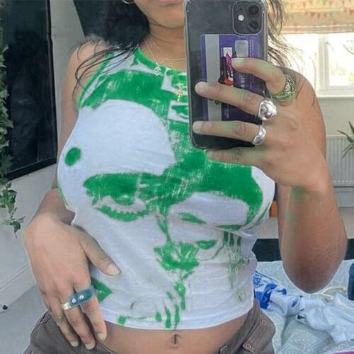 Hirigin Tie Dye Print Tank Tops Summer Women 2021 Y2K Vintage Graphic Print Streetwear White Round Neck Cropped Sleeveless Tanks