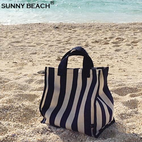 Fashion Large Capacity Striped Shopping Bag Canvas Korean Style Foldable Convenient Waterproof Handbag Beach Travel