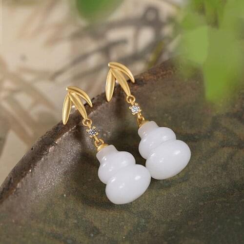 New silver inlaid natural Hetian white jade gourd Earrings Chinese style retro minority design craft charm womens brand jewelry