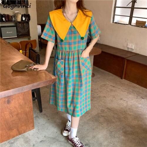 Summer Plaid Dresses Women Patchwork Short Sleeve Pockets Peter Pan Collar Vintage Mid-calf Female Dress Loose Stylish Trendy