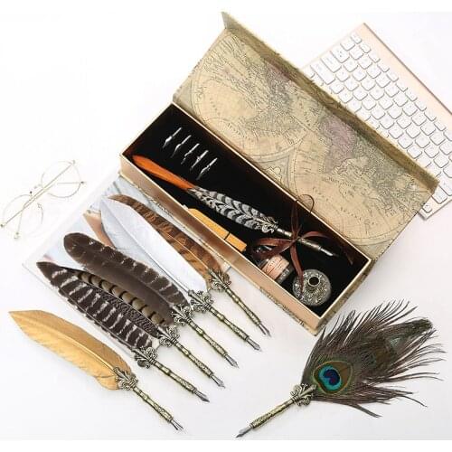 Retro peacock feather pen set exquisite quality flower box personality office signature pen set creative metal pen