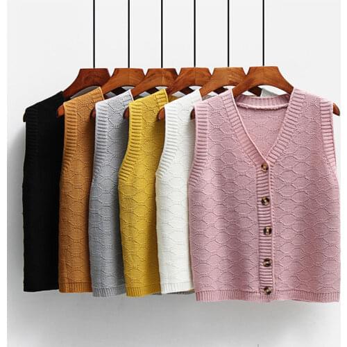 V-neck Knitted Wool Button Cardigan Sweater Vest Women Loose Single-breasted Diamond Block Lattice Sweater Vest Female Spring