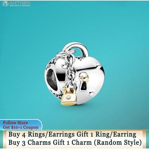 Ahthen 925 Sterling Silver Beads Two-Tone Heart and Lock Charm fit Original Pandora Bracelets for Women Jewelry Making Gift
