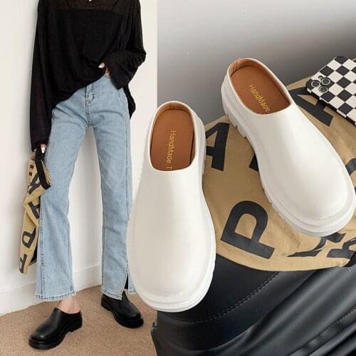 Women Slippers Summer Fashion Closed Toe Leather Shoes Loafers High Platform Slippers Women Black High Heels Zapatillas Mujer