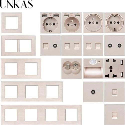 UNKAS DIY Combination Free Matching French EU Socket USB Charger TV RJ12 Telephone RJ45 Computer Gold Aluminum Panel Outlet