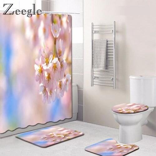 Zeegle 3D Printed Flower Bath Shower Curtain Lid Toilet Cover Bathroom Decoration Mat Set Polyester Toilet Foot Mat Floor Rug