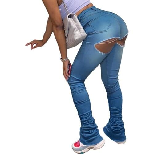 New Ruched Stacked Jeans Women Blue High Waist Bell Bottom Denim Trousers Back Big Hole Wide Leg Skinny Flare Jeans Pants