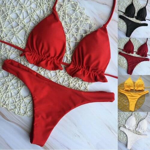 2019 Two-piece Biquinis Women sexy Pure color Triangle bikini beachwear Bathing Padded bra thong bottom bandage sporty swimsuit