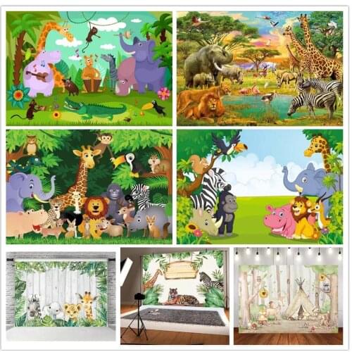 Animals in the Forest Backdrop Giraffe Lion Zebra Backgrounds Birthday Baby Shower Party Decor Photo Booth Studio Prop