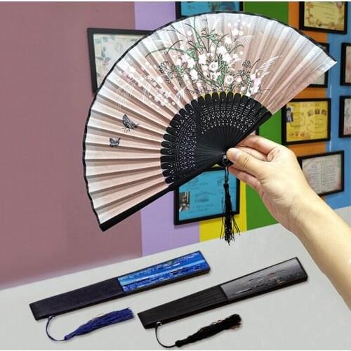 1Pcs Chinese Style Hand Fan Vintage Silk Bamboo Folding Fans Craft Decorative Tassel Dance Hand Fan for Wedding Party Favor