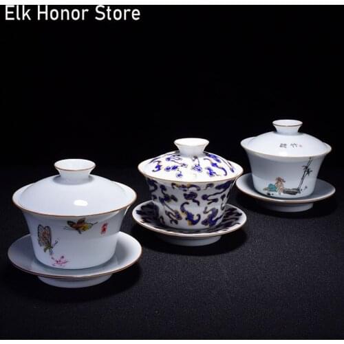 175ml Hand Painted White Porcelain Butterfly Dance Ceramic Gaiwan Chinese Teaset Teaware Tureen Sancai Tea Cup Pu'er Kettle