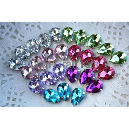 200pcs 10x14mm sew on rhinestone silver setting teardrop flat back facet bead jewellery making handcraft sewing hole acrylic
