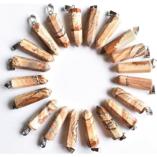 2020 Fashion Hot sale natural picture stone Charm Hexagonal pillar point pendants for jewelry marking Wholesale 24Pcs/lot Free
