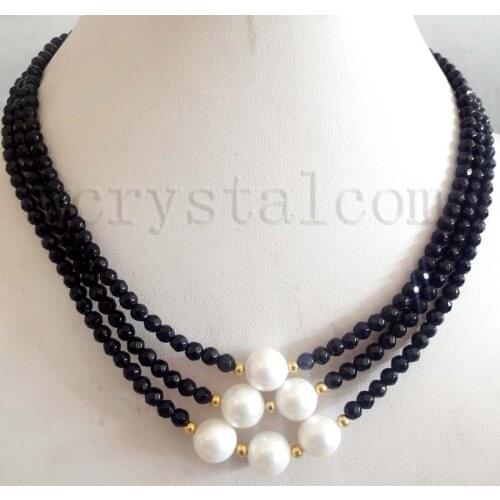 3 Row Black Onyx Faceted 4mm White Mother of Pearl 10mm Necklace Gold Tone
