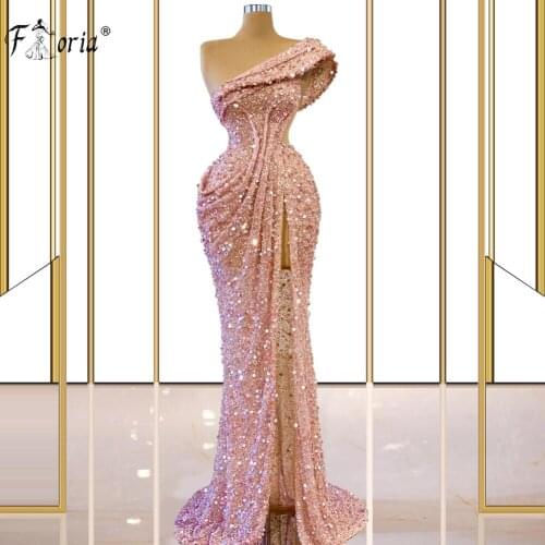 Glitter Pink Sequin Mermaid Evening Dress 2021 Sexy One Shoulder High Slit Prom Dresses for Women Wedding Party Graduation Gowns