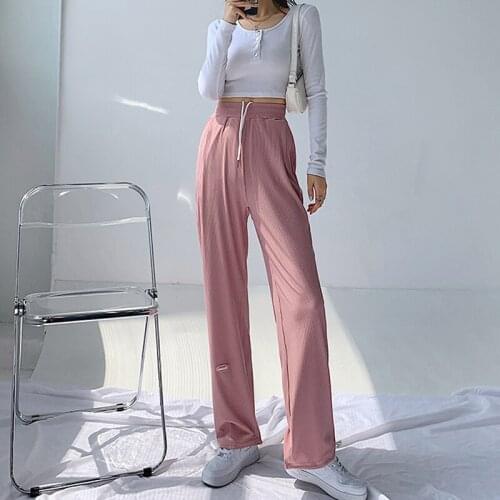 Women Slacks Summer Pants Soft Ice Silk Ankle-Length Black Wide Leg Pants Fashionable Casual Loose Women High Waisted Trousers