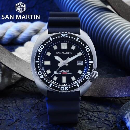 San Martin Watch Turtle 200m Black Diver Watch Stainless Steel Sapphire Rubber Strap Luminous Men Automatic Mechanical Watches