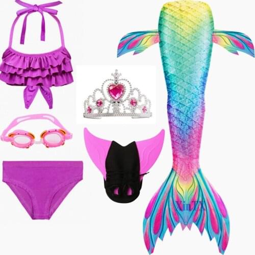 6PCS Children Mermaid Tail with Monofin Kids Mermaid tails with monofin flipper or with Garland or Crown Ariel Cosplay Costumes