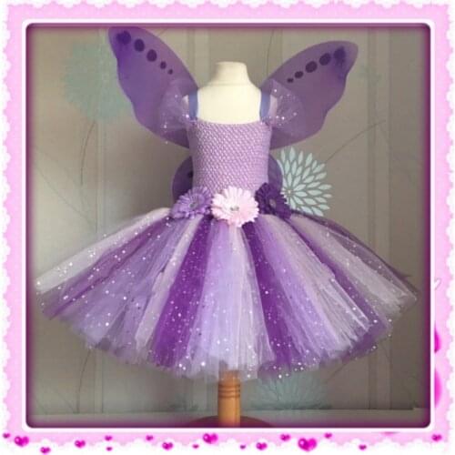 Girls Purple Butterfly Fairy Tutu Dress Kids Crochet Flower Dress Glitter Tulle Ball Gown with Wing Children Party Costume Dress