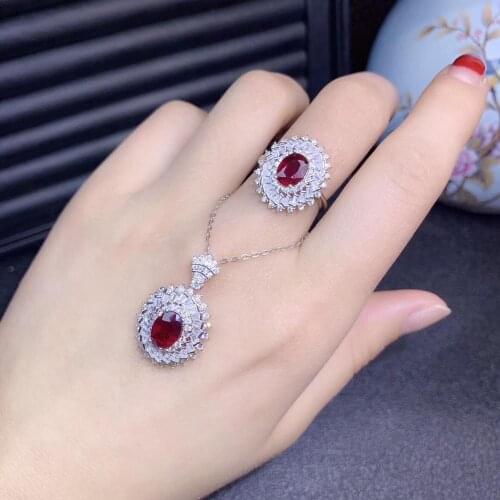 Exquisite red ruby ring and necklace jewelry set real 925 silver certified natural gem lucky birthstone girl party gift