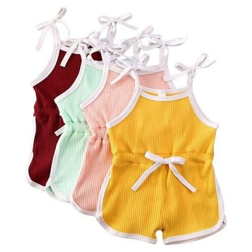 Baby Girls Sleeveless Bandage Ribbed Knitted Summer Kids Toddler Rompers Jumpsuits Overalls Infant Girls Cotton Clothes Outfits