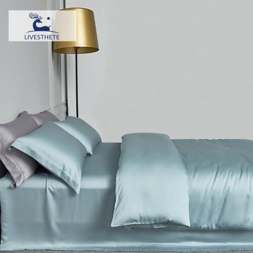 Liv-Esthete Blue Top Grade 100% Silk Bedding Set Healthy Silky Duvet Cover Queen King Flat Sheet Pillowcase Bed Set Home Textile