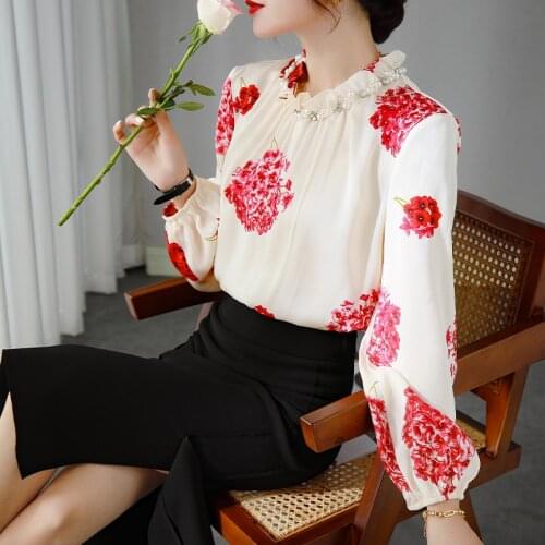Fashion High Quality 100% Real Silk Womens Blouses Spring Autumn 2021 Elegant Shirts for Women Tops Female Chemise Zjt2395