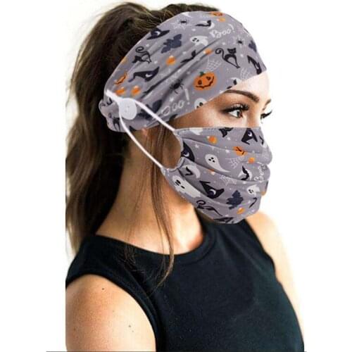2PCS Adult Washable Printed Adjustable Dust Cloth Mask+Button Headband Set Button Halloween Print Sports Headscarf