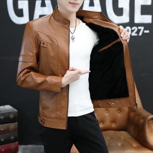 New Fashion Autumn Male Leather Jacket Plus Size 4XL Black Brown Mens Stand Collar Winter Fleece Coats Leather Biker Jackets
