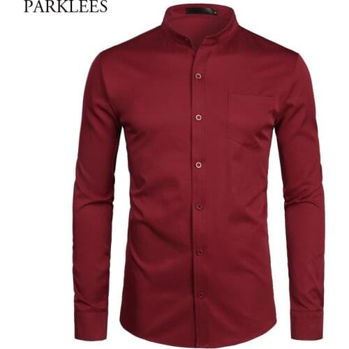 Wine Red Slim Fit Dress Shirts Men 2019 Brand Mandarin Collar Long Sleeve Shirt Male Casual Business Work Shirt with Pocket 2XL